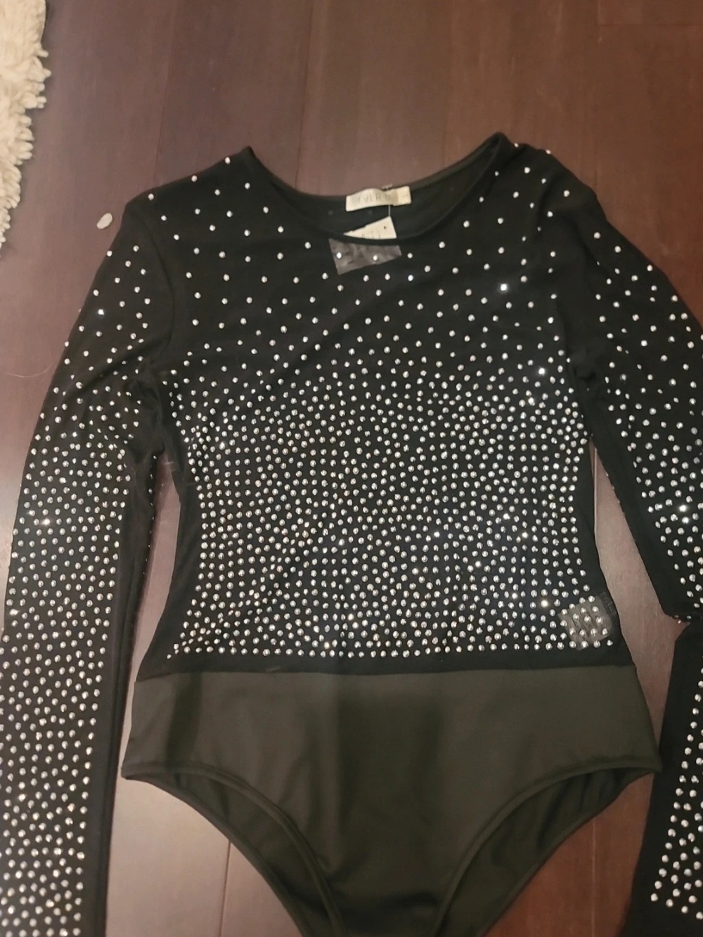 Black Long-Sleeve Silver Studs Bodysuit for Women